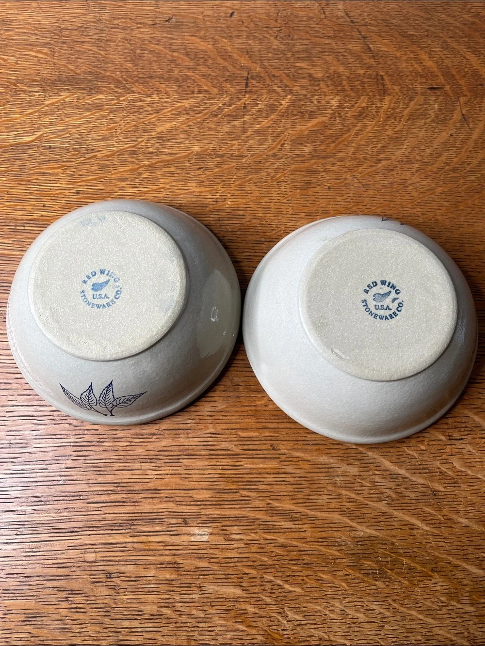 Pair Red Wing Stoneware Co. Cereal Soup Bowls Blue Leaf Rim 6.25